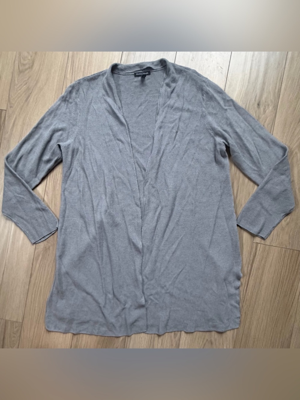 Eileen Fisher Light Gray Open Front Textured Cardigan Organic linen, and cotton